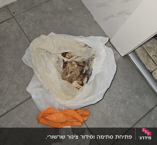 שקית עם פסולת, כפפה כתומה ומטלית על רצפה